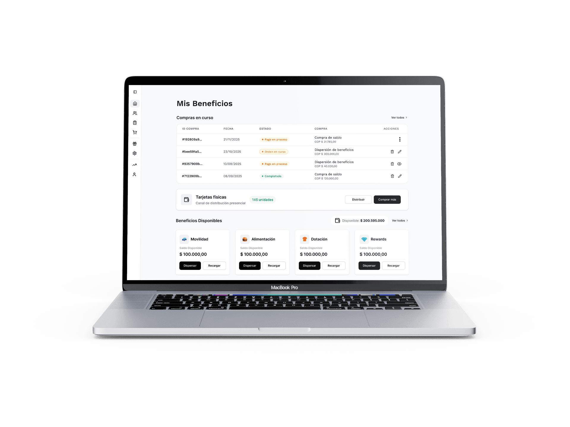 Portal de administración de Glim mostrando Mis Beneficios y compras en curso