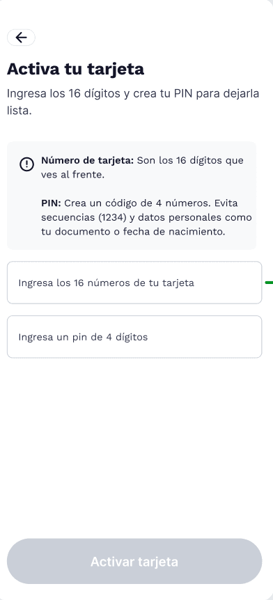 Pantalla de activación de tarjeta y creación de PIN en la app Glim
